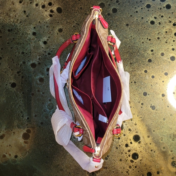 Coach Peyton Signature Convertible Shoulder Bag Tote Handbag F24601 Khaki & Red - Picture 9 of 16